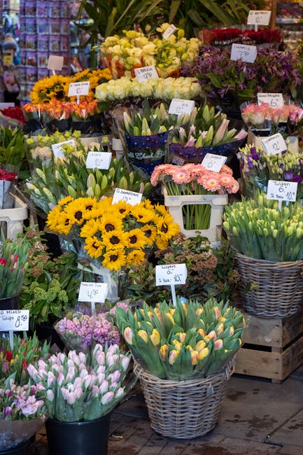 A vibrant display of fresh flowers at a florist shop, including yellow sunflowers, white roses, purple hyacinths, pink and cream tulips, and various tulip varieties in soft pinks and whites. The flowe
